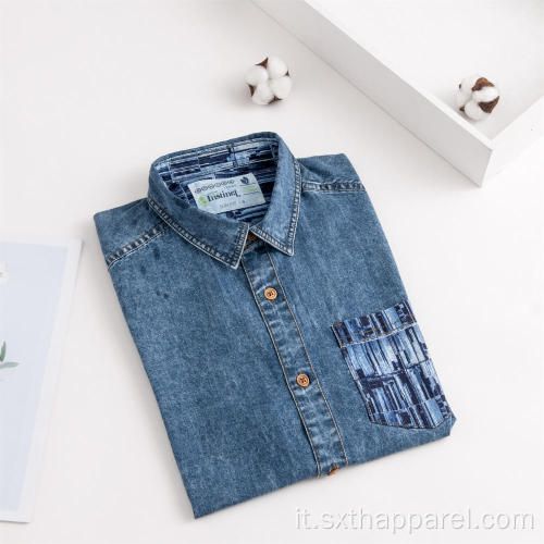 Camicia da uomo con stampa denim indaco manica corta moda uomo